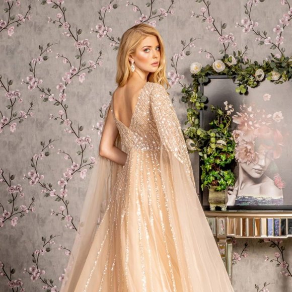 NEW LONG A-LINE MESH FOMRAL DRESS EMBROIDERED WITH SEQUINS & SIDE CAPES GL3494 - Picture 8 of 12